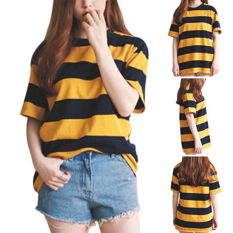 Women Yellow and Black Striped Round Neck Collar Loosen Half Sleeve T-Shirt Casual Blouse Tops