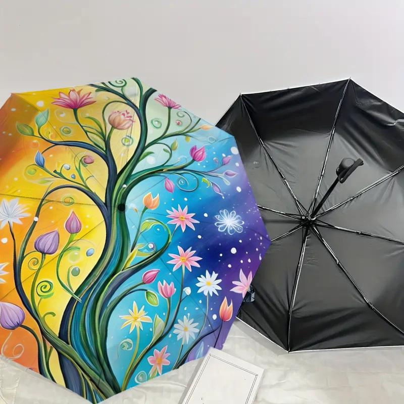 1pc Colorful Floral Tree Artwork Umbrella with Plastic Handle,Suitable for All Seasons Home Travel Outdoor UmbrellaDD278
