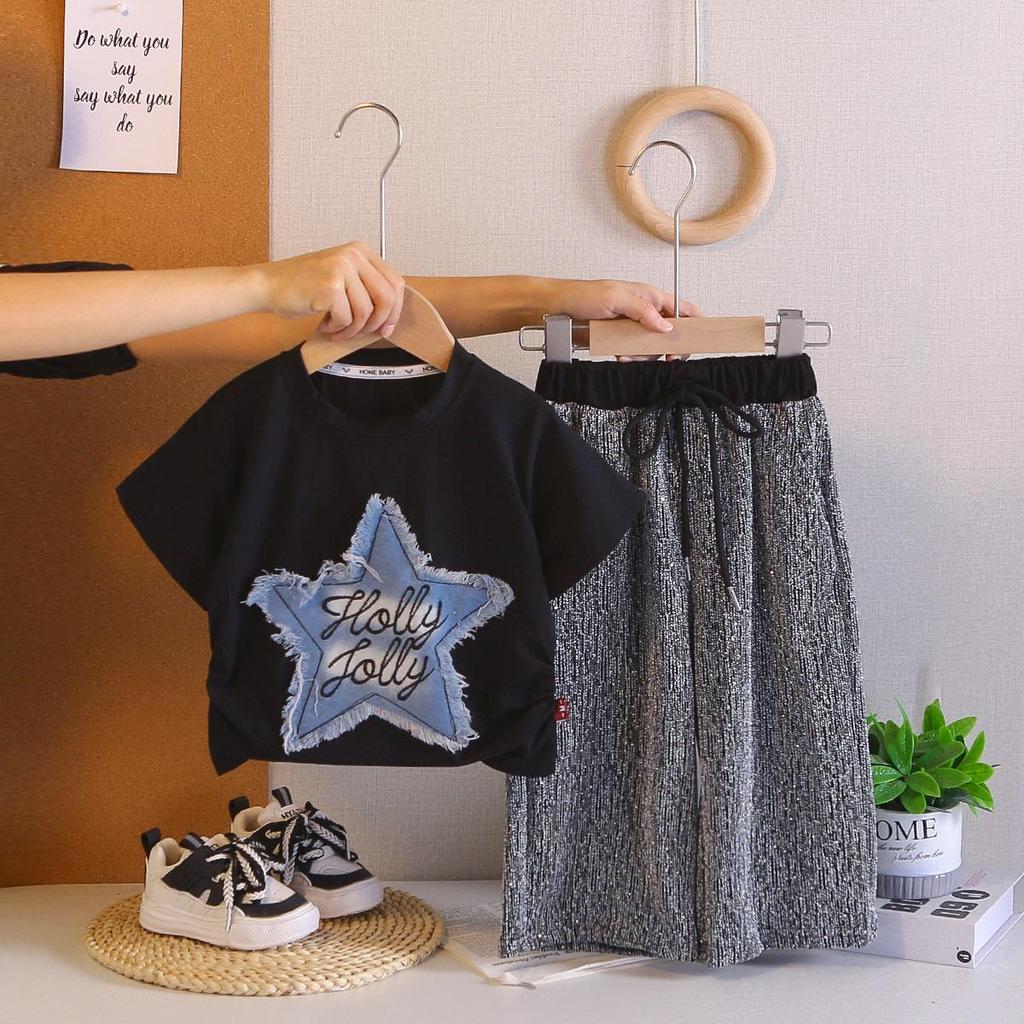Girls' 2026 Summer Denim Star Two-Piece Set: Short Sleeve Top & Loose Long Pants