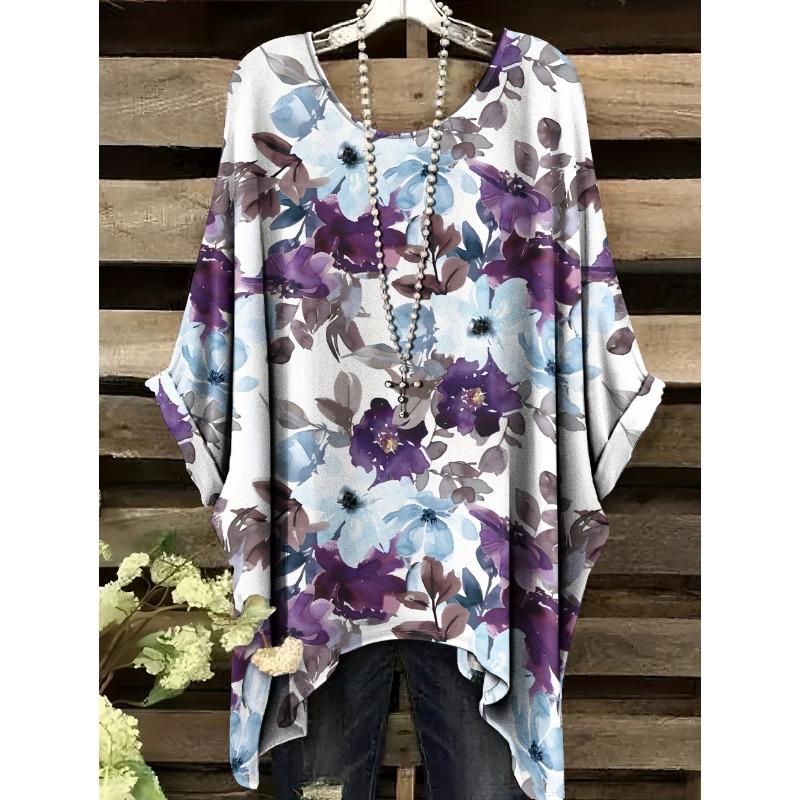 Women's T-Shirt Vintage Floral Pattern Printed Asymmetrical Hem O-Neck Short Sleeve Top Casual Fashion Street Outdoor Tops