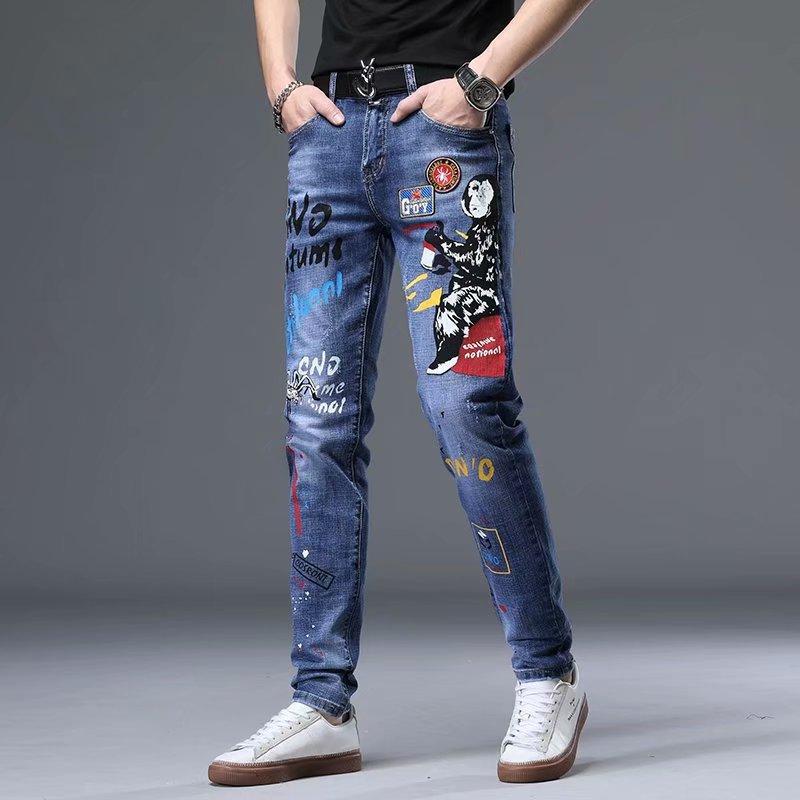 Men's Fashion Funny Embroidery Printed Jeans Slim Fit Stretch Sports Pants