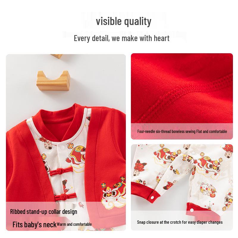 Chinese Style Newborn Long Sleeve Two-Piece Look Romper - Autumn Baby Bodysuit for Crawling