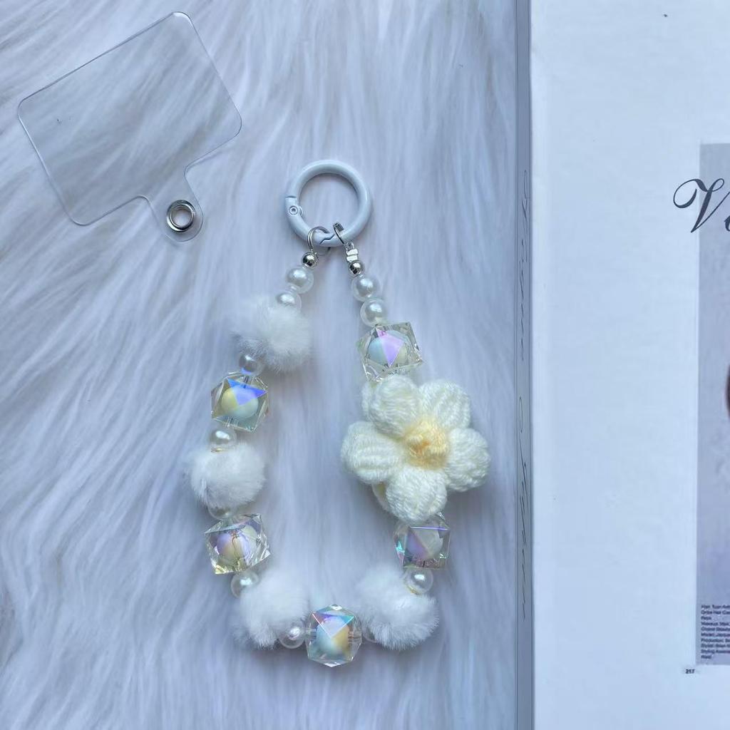 Wool Flower Beaded Phone Chain & Keychain: Cute Plush Bracelet & Bag Pendant Accessory