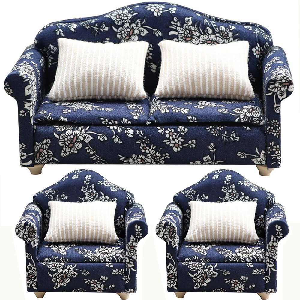 moin moin Miniature Furniture Scale Furniture Sofa 3 Piece Set B Two Seater Single Seater Single Cushion White Blue Floral Pattern Retro Bicolor