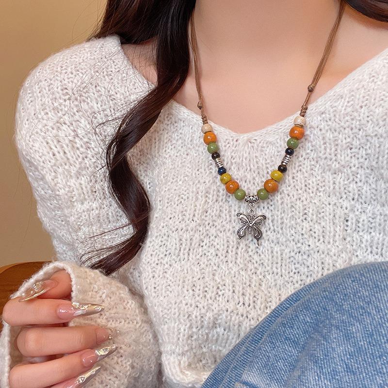 Ceramic Beaded Butterfly Pendant Necklace Female Niche Design High-end Collarbone Chain Famous Style Jewelry