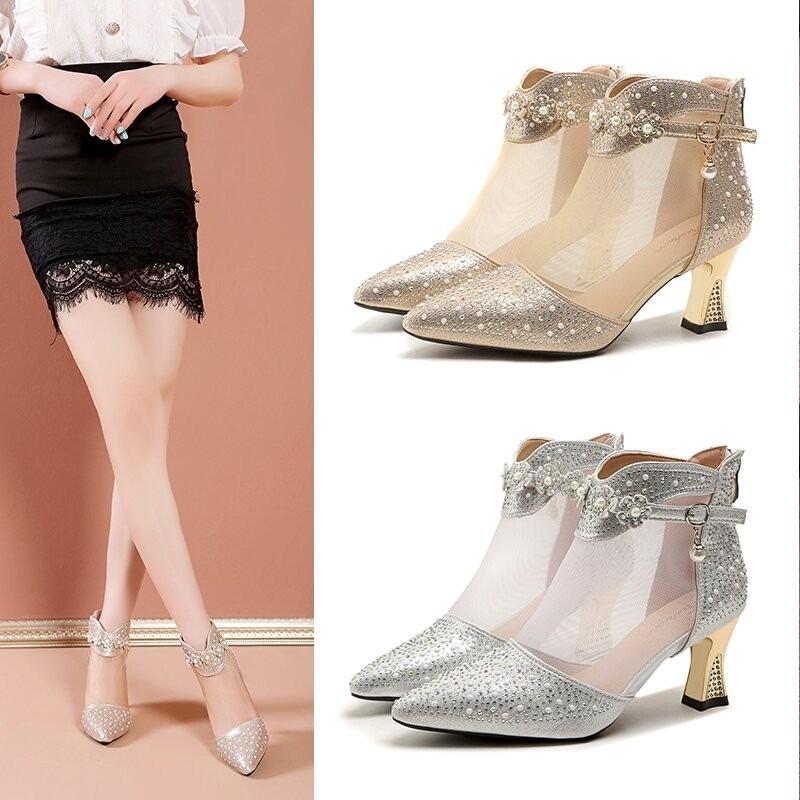 Summer New Fashion Pointed Back Zipper High Heel Fashion Women's Sandals Large Size Rhinestone Breathable Mesh Cool Boots