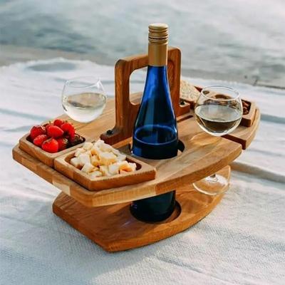 Folding Wooden Picnic Table with Wine Glass Holder - Portable Camping Table for Beach, Park & Outdoor Use, Champagne and Beverage Stand