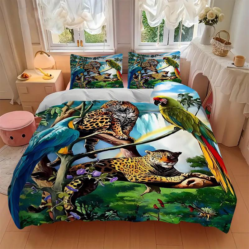 3pcs Anime Leopard & Parrot Bedding Set, Includes One Quilt Cover and Two Pillowcases (No Core), Polyester Fabric