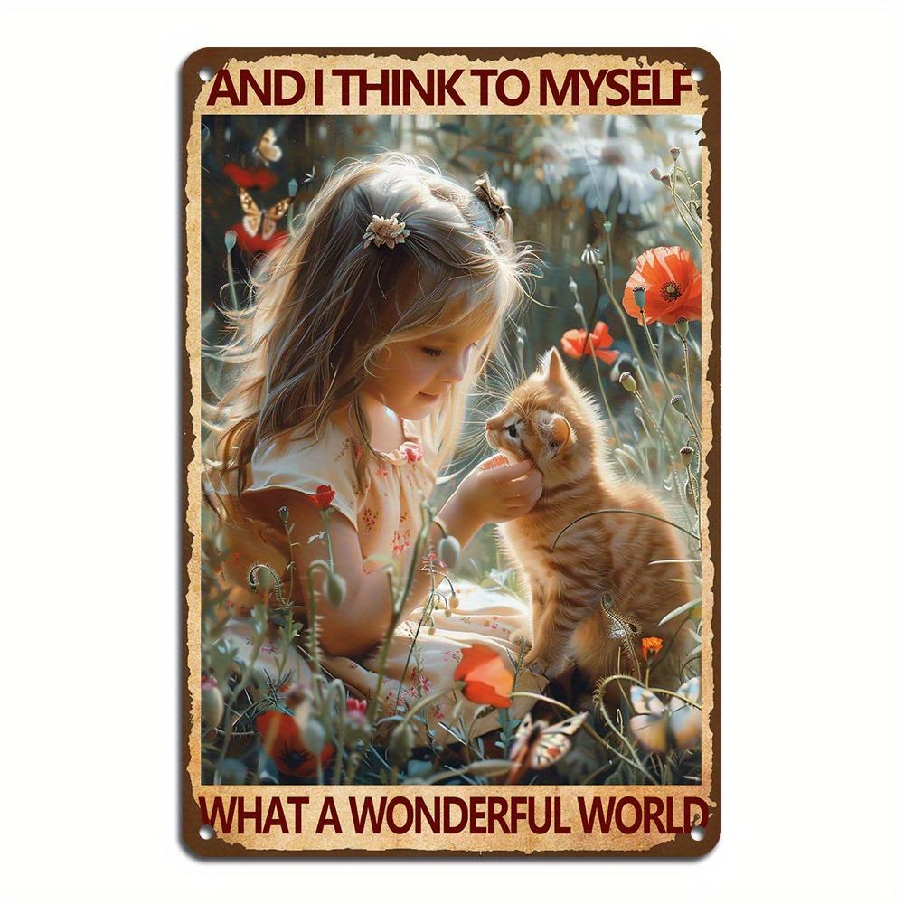 Vintage Garden Girl with Cat Metal Wall Art Waterproof Weatherproof Retro Metal Decor for Home Cafe Bar Garage Famil
