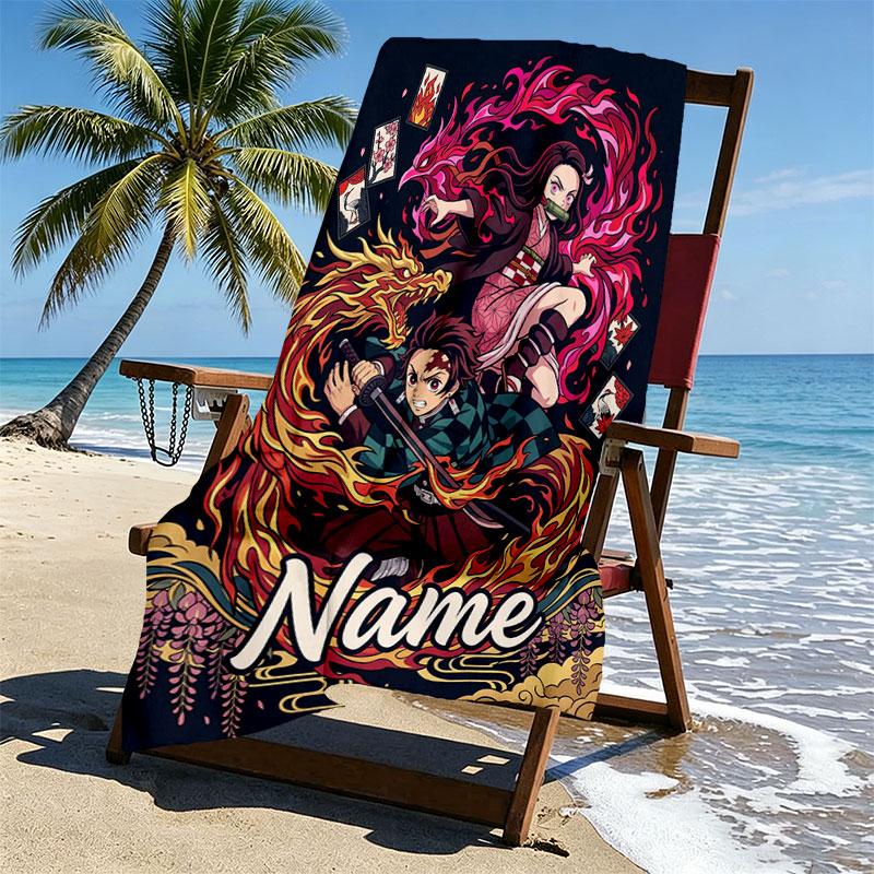 Serviette de plage personnalisée avec nom et motif Demon Slayer, pour Voyage Camping Fête à la plage Décoration de maison, Cadeau d'anniversaire pour la Famille & les Amis