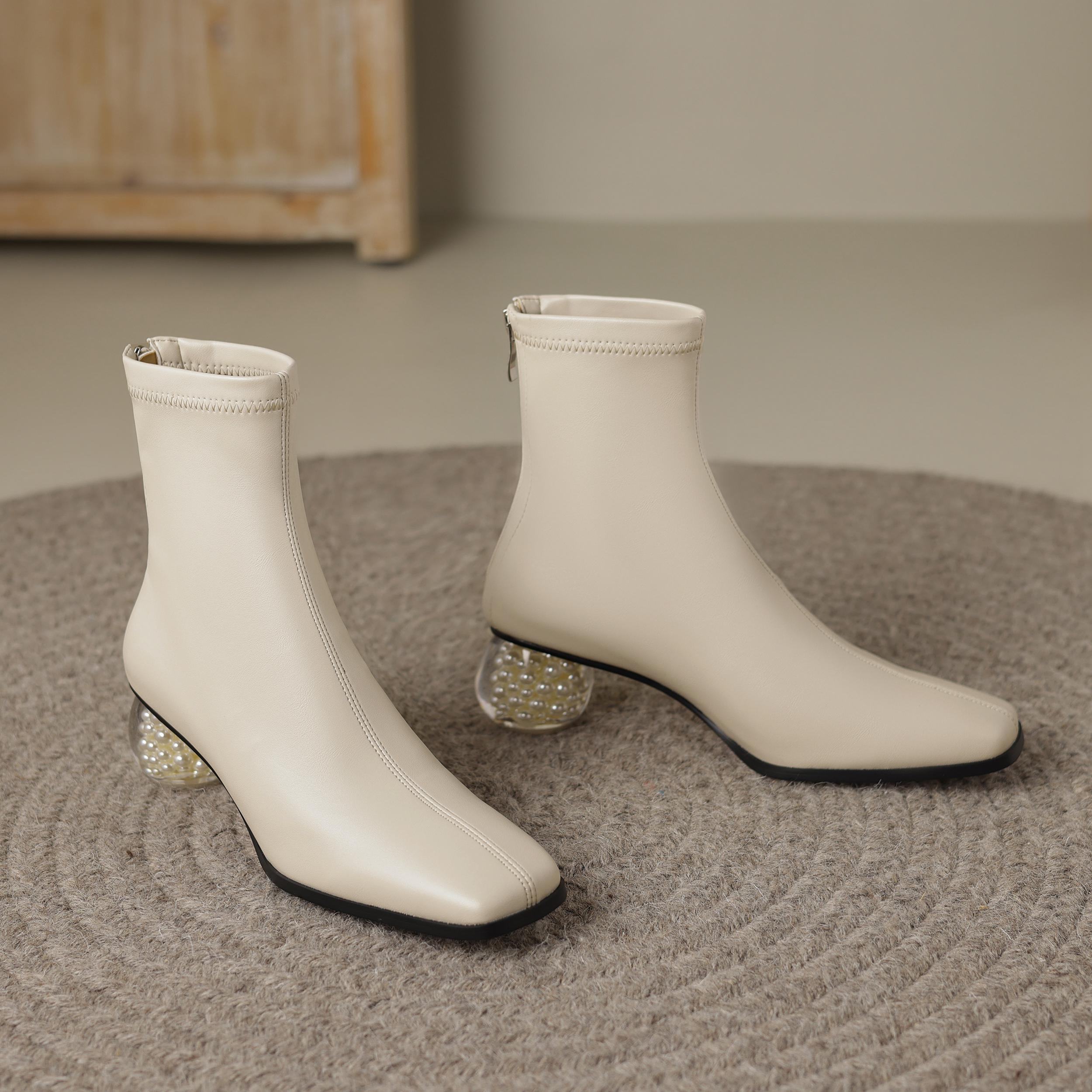 

Krazing Pot, осенне-зимняя обувь из микрофибры, женские эластичные ботильоны на толстом высоком каблуке с квадратным носком и жемчужным каблуком на молнии 42 бежевый