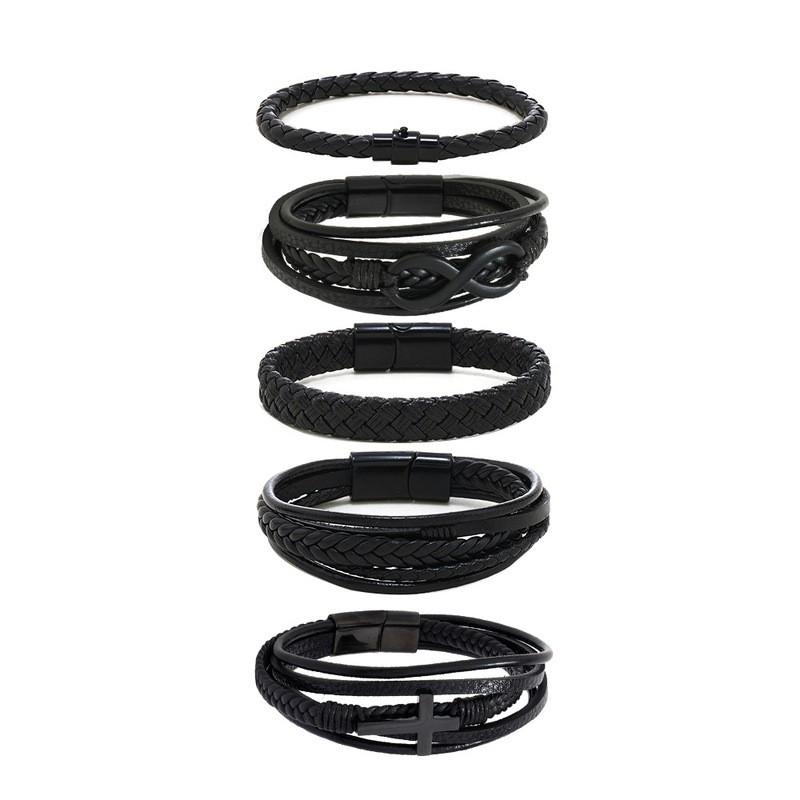 Mens Leather Braided Magnetic Multi-Layer Bracelet Set Geometric Style Unisex Handmade Jewelry