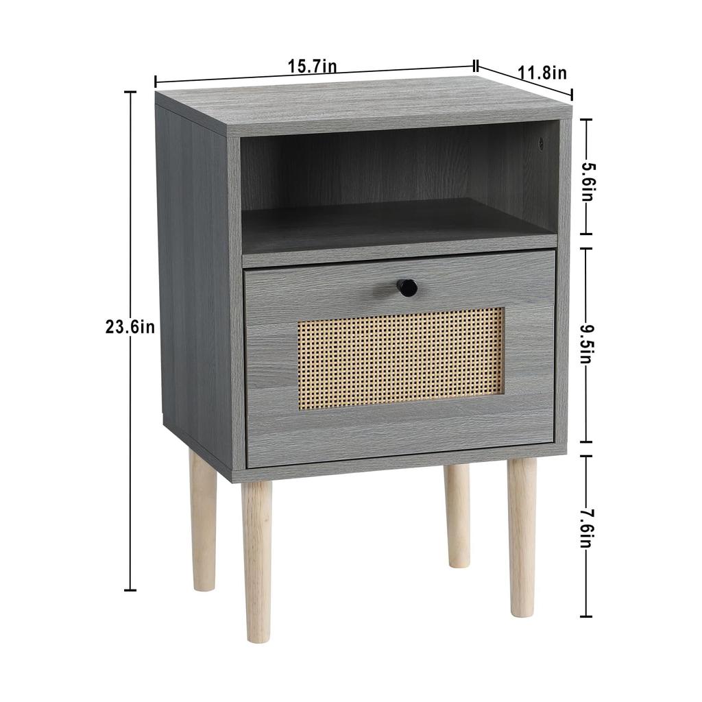 Modern Bedside Table with Rattan Drawer, Bed Side Table with Storage Shelf & Solid Wood Feet, End Table