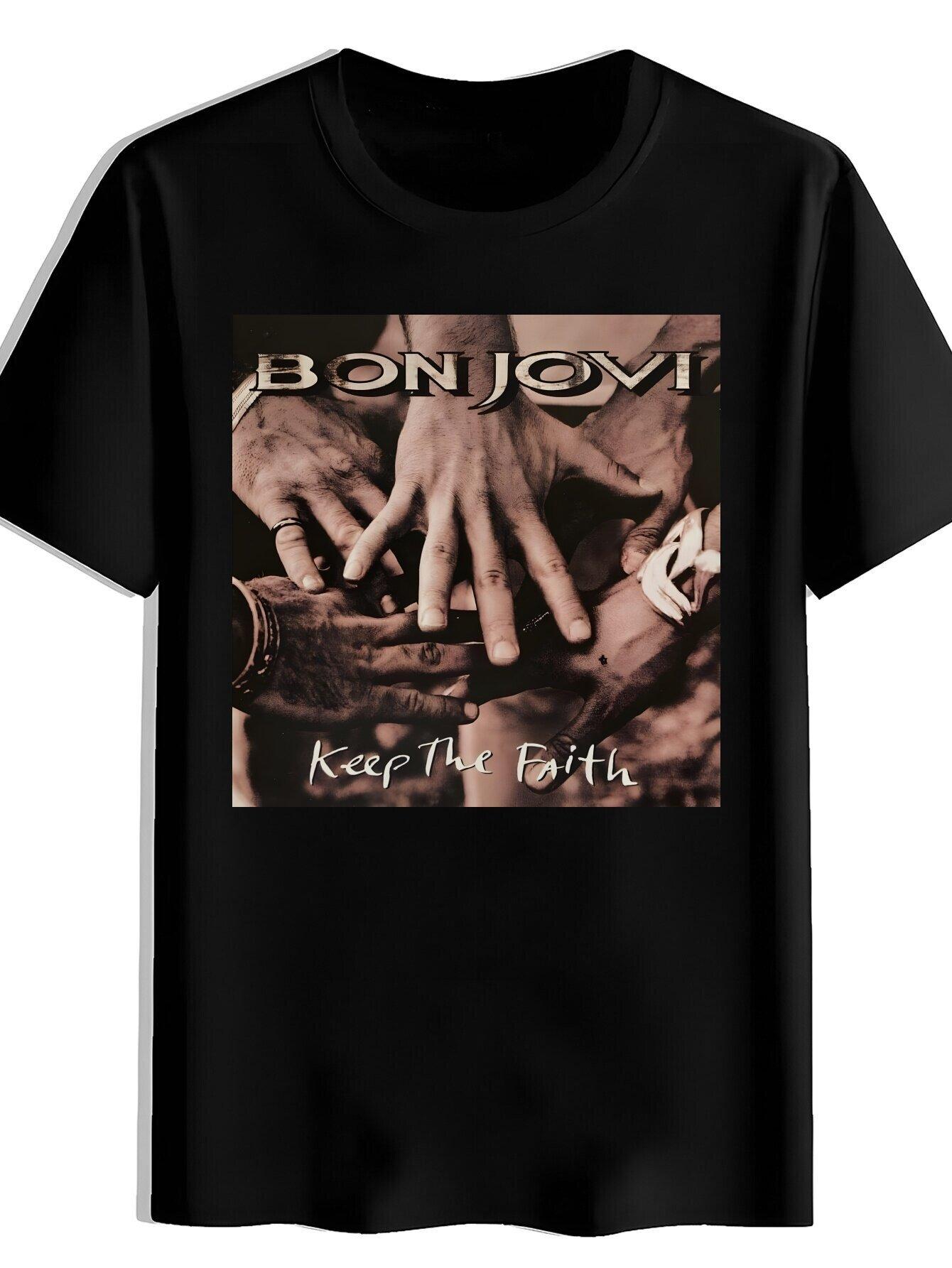 

Mens Retro Rock Band Pattern Tshirt Bon Jovi Stay Faith Casual Short Sleeve Summer Tshirt Strap Tshirt L