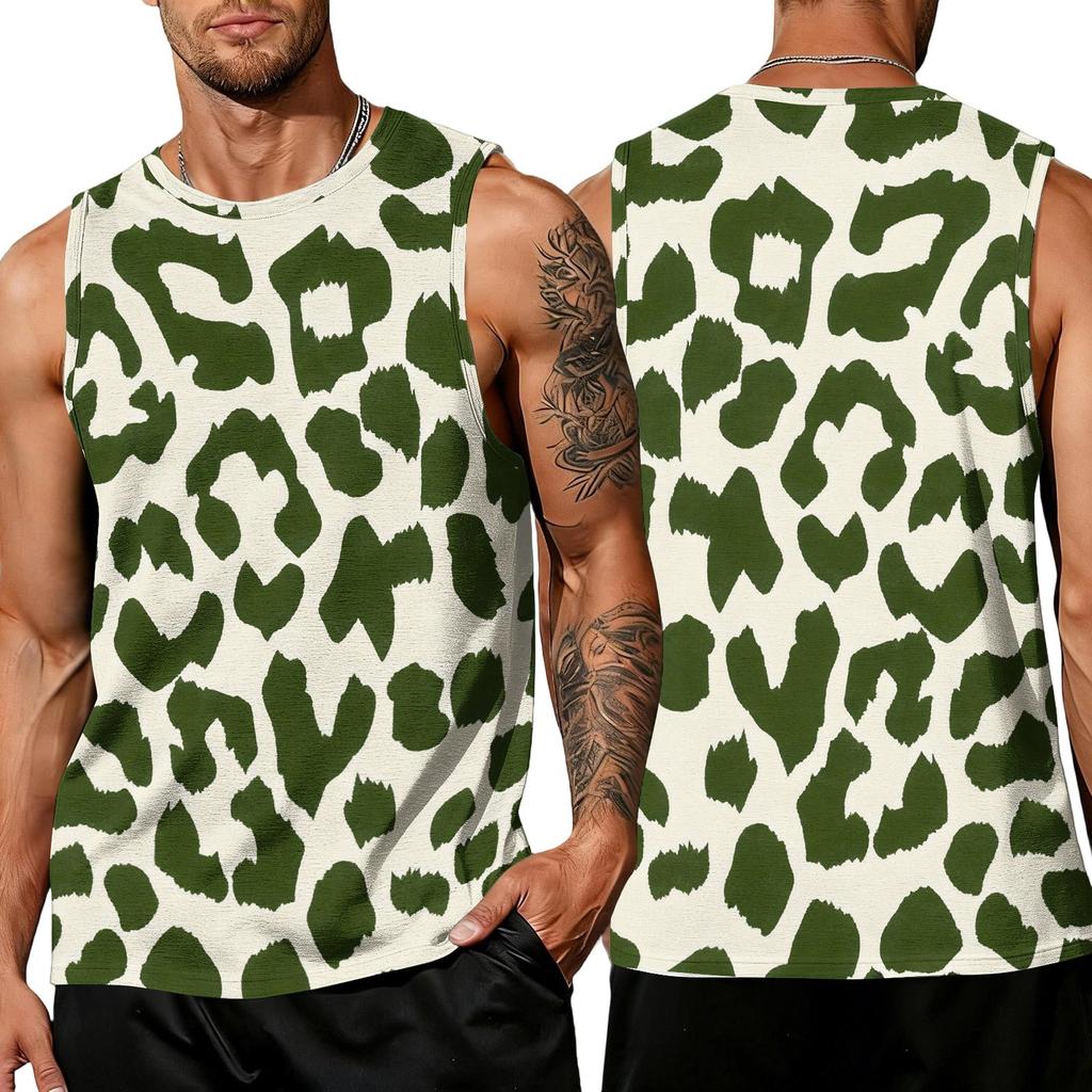 Men's Casual Sleeveless Tank Top Leopard Print Athletic Breathable Lightweight Muscle Shirt for Sports Gym Training