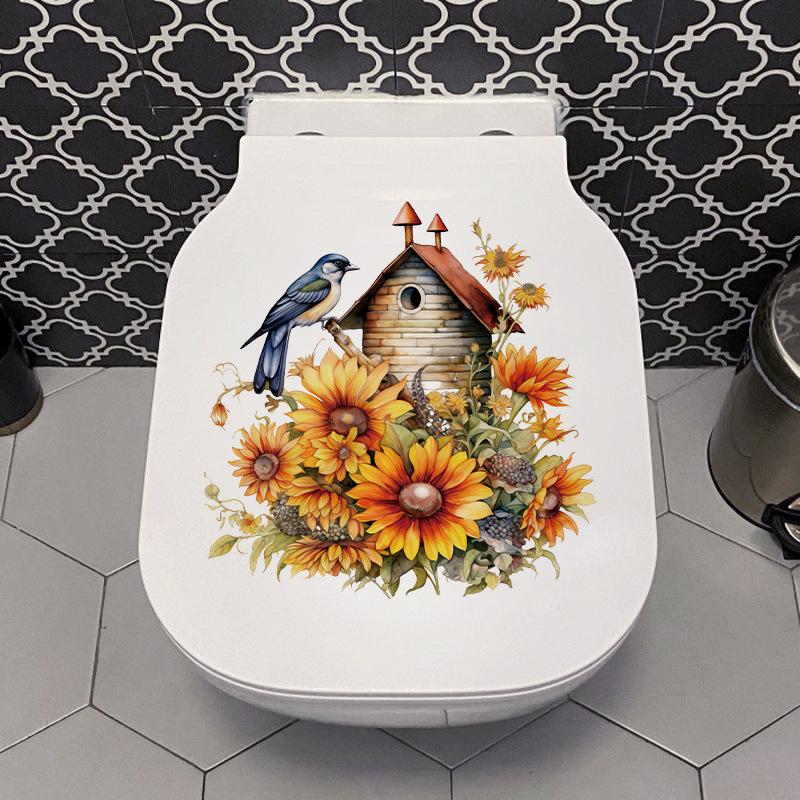 Sunflower Bird Wall Sticker for Kids Bathroom Toilet Seat Cover Decoration Self Adhesive Waterproof Home Decor