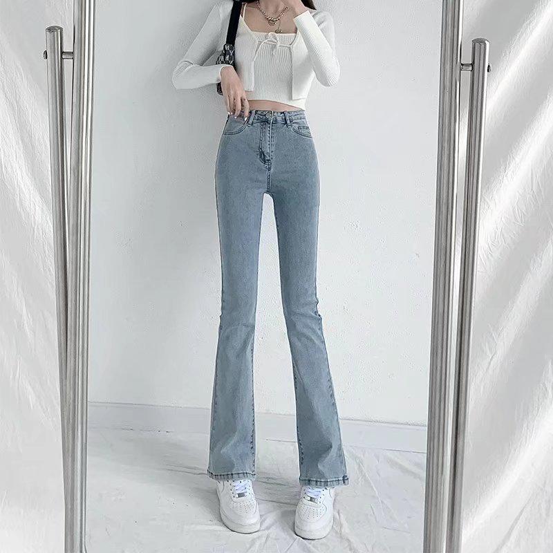 Women's Light Blue High-Waisted Flared Jeans, Spring 2025 Style: Peach Hip, Slim Wide-Leg Horseshoe Design