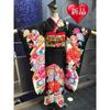 No Brand Furisode Set F3 Retro Style Full Set Black Kimono for Coming of Age Ceremony Kyoto