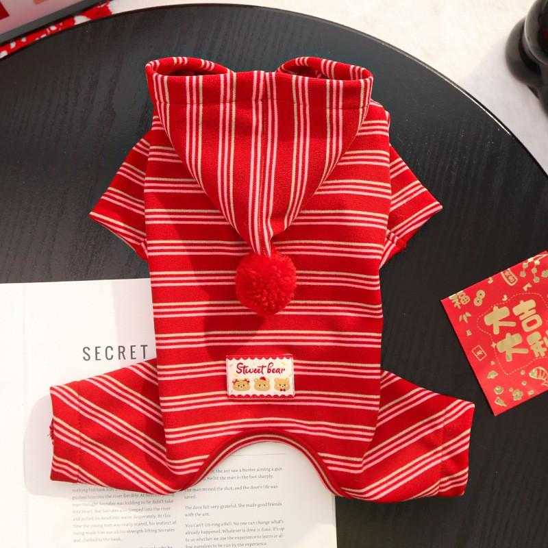 Pet Winter Warm Fleece-Like Four-Legged Bodysuit With Belly Cover British Style Striped Design Dogs Cats