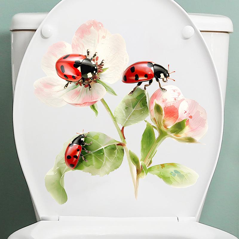 Hand Painted Floral Ladybug Toilet Seat Sticker Waterproof Self-Adhesive Removable Decal for Bathroom WC Decoration
