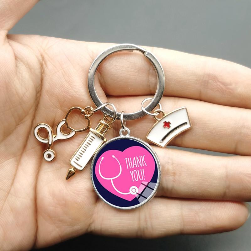 Paint Fashion Creative Nurse Medical Syringe Stethoscope Image Keychain Glass Suitable Nurses and Doctors Key Ring Pendant Gift