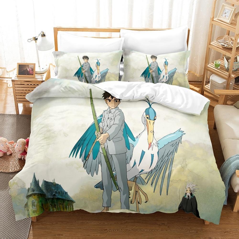 Pojken och hägern Sängklädesset Enkelt Twin Full Queen King Size Sängset Vuxen Barn Sovrum Påslakanset Anime Lakan Set