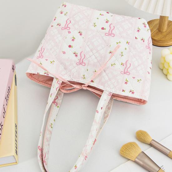 Quilted Tote Bag for Women Girls Lightweight Small Floral Shoulder Bag Soft Puffy Travel Work Handbag with Bow