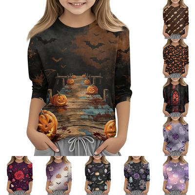 Kids Halloween Printed Round Neck Three-Quarter Sleeve Casual T-Shirt for Boys and Girls