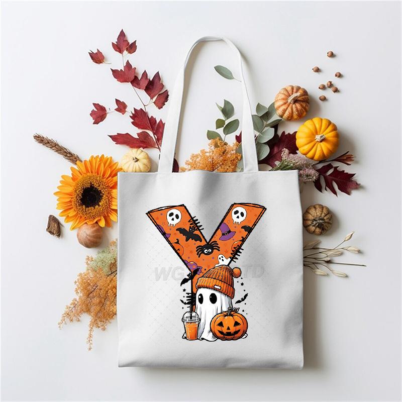 Halloween 26 Letter Cartoon Print Peripheral Student Tote Bag Large Capacity Canvas Bag