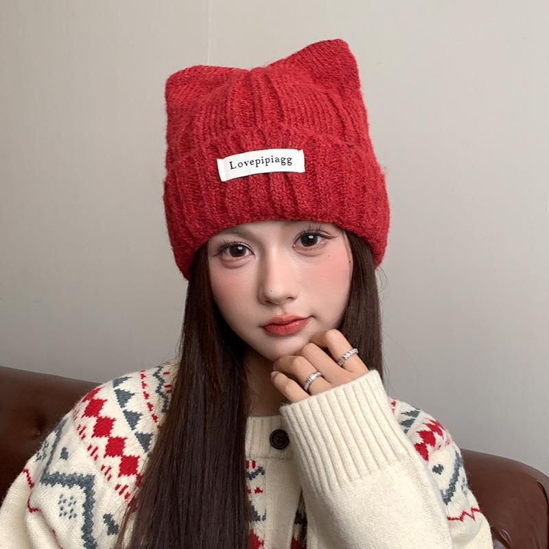 

1PC Cat Ear Knitted Beanies, Cute Winter Warm Wool Hats For Women, Korean Style Fashion Headwear