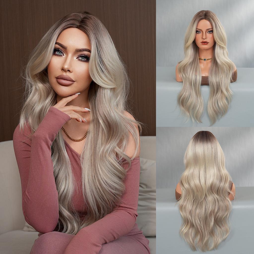 High Quality Eight Character Bangs Wig Women Long Curly Hair With Big Waves Internet Famous Silk Mist Gray Gradient Temperament Fluffy Full Head Cover