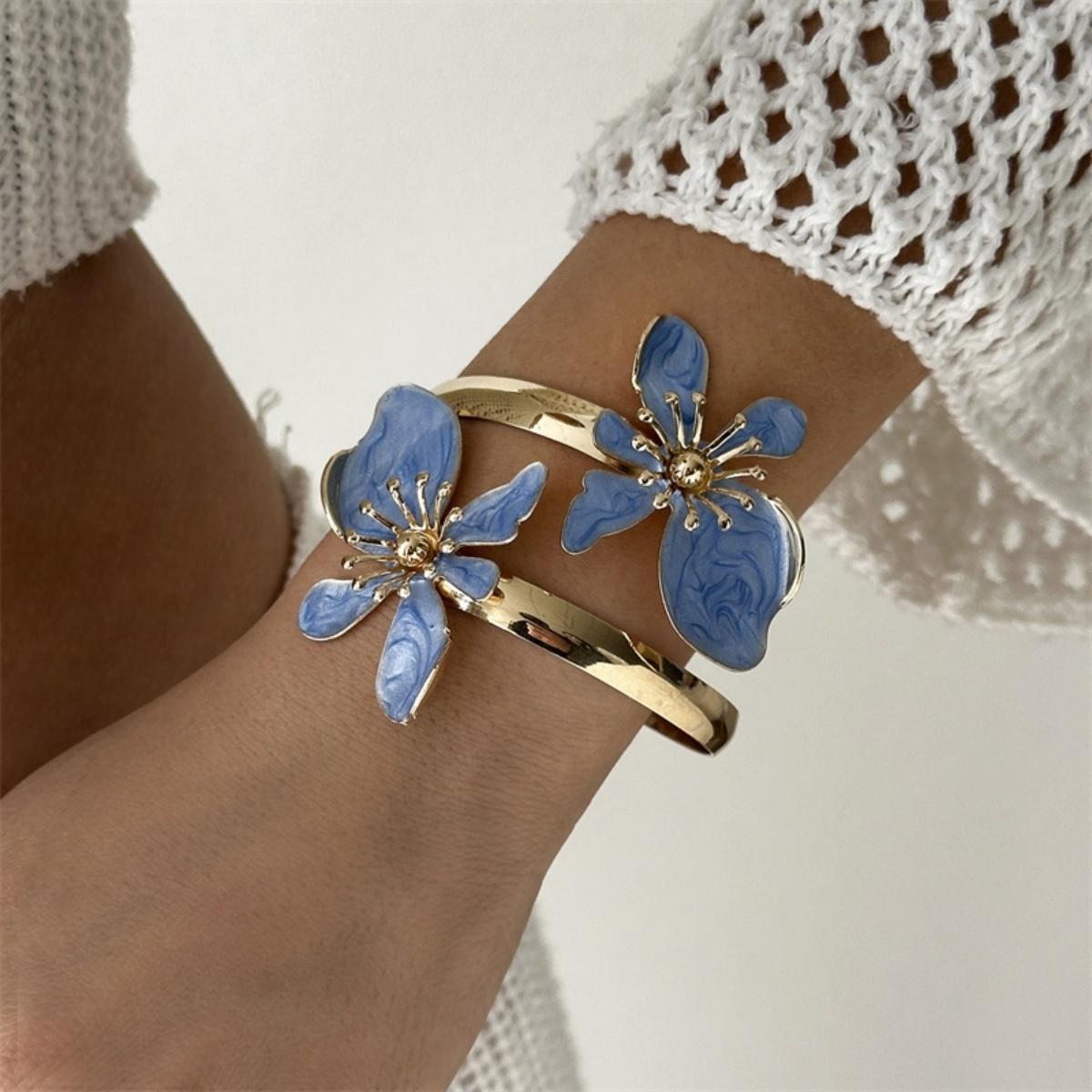 

Romantic Elegant Enamel Flower Butterfly Cuff Bracelets For Women Men Trendy Bohemian Irregular Animal Open Bangle Beach Zircon
