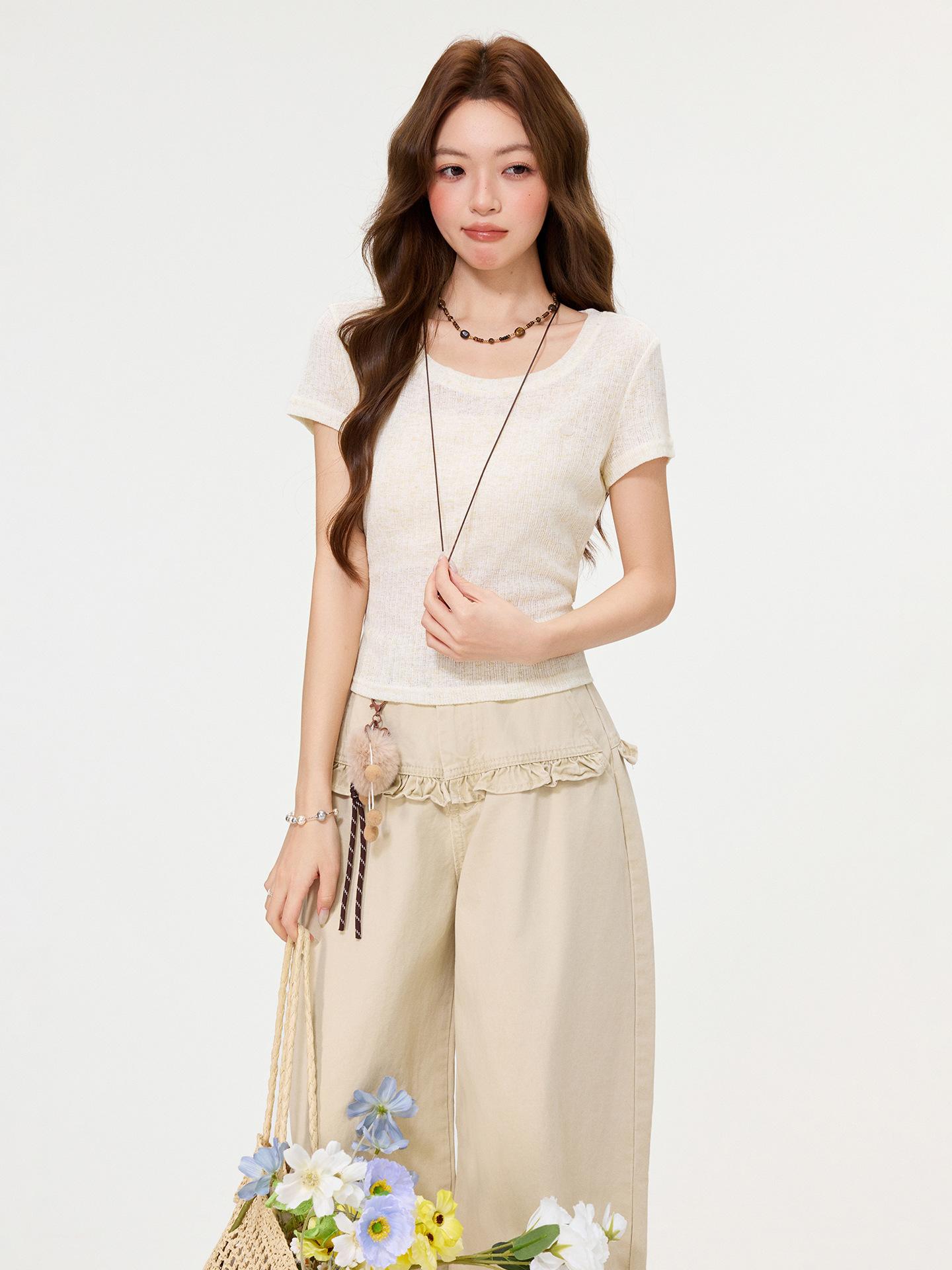 

Yellow round neck bow streamer short-sleeved T-shirt spring and summer new beautiful back design slim-fitting short top women S
