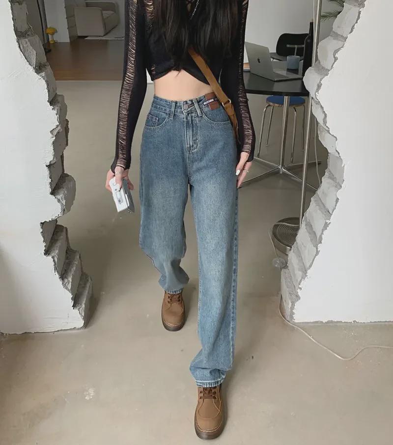 Women's Black High-Waist Wide-Leg Jeans - Floor-Length, Plush Lining, Warm, Loose Fit