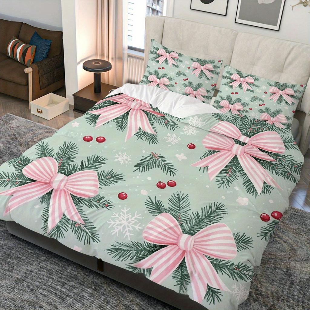 3pcs Christmas Duvet Cover Set with Pink Bow & Pine Branch Snowflake Berry Design - Soft Polyester Bedding, Zipper Closure
