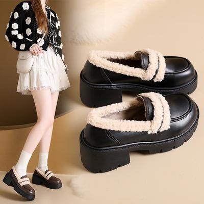 Thick-soled Velvet Single Shoes for Women's Autumn and Winter New Fluffy Shoes Thick-heeled Cotton Shoes Warm Lace-up Small Leather Shoes