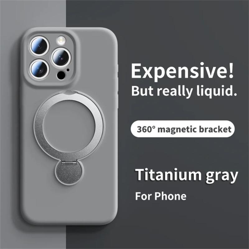Magnetic Bracket Phone Case For iPhone Air 17 16 15 14 13 Pro Max for Magsafe Liquid Silicone 360°Rotate Metal Ring Stand Cover