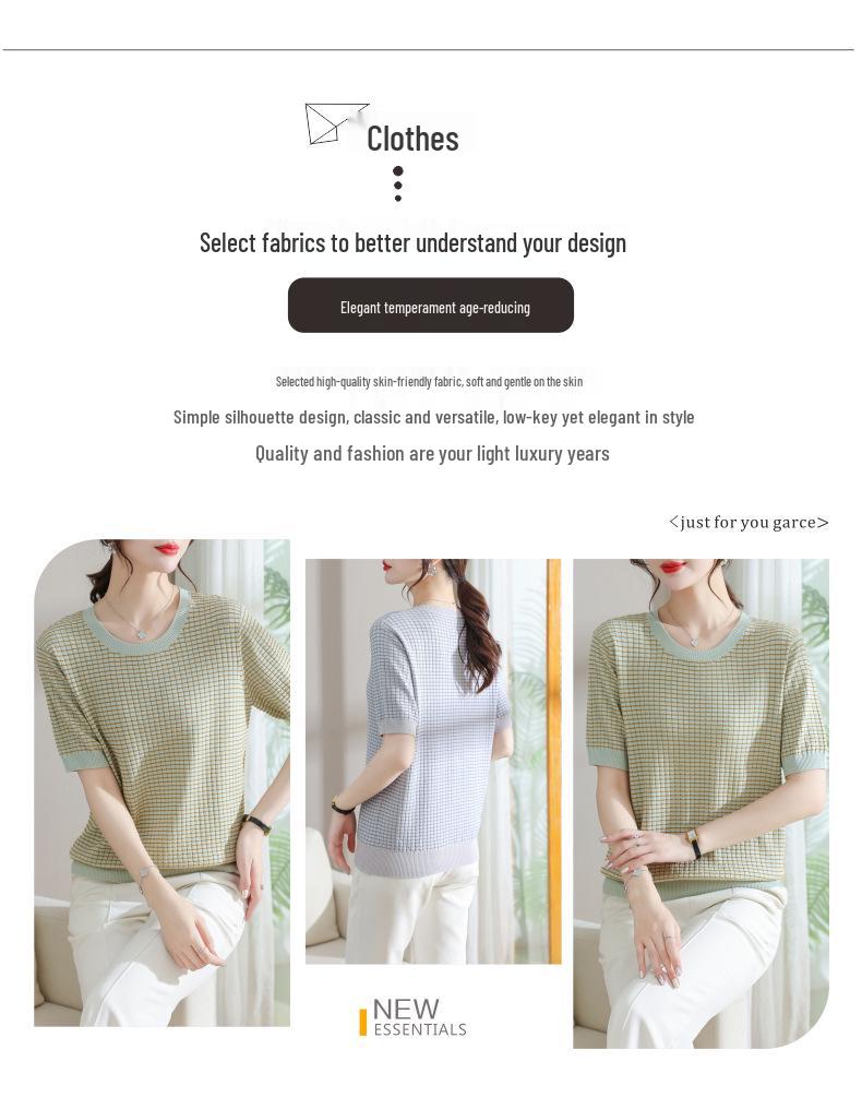 Elegant 2026 Ice Silk Knit Top - Short-Sleeve, Round Neck for Middle-Aged & Elderly Women