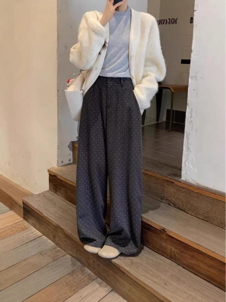 High-Waisted Petite Wool Blend Polka Dot Wide-Leg Pants - Dark Gray, Slimming, Versatile, Relaxed Feel.