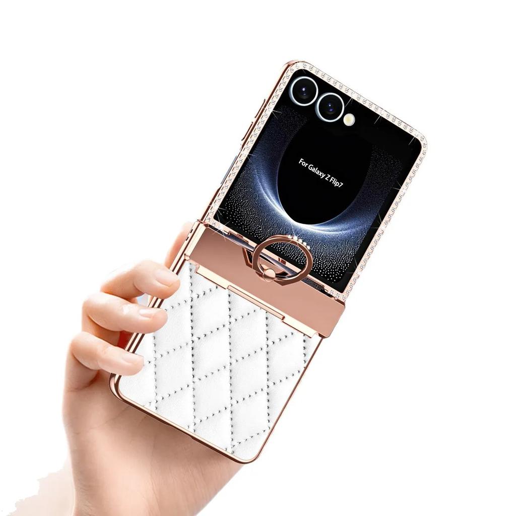 Capa de Celular de Couro Luxuosa com Diamantes para Samsung Galaxy Z Flip 7 6 5 4 3 Flip7 FE com Proteção da Dobradiça e Suporte de Anel Mulher Menina