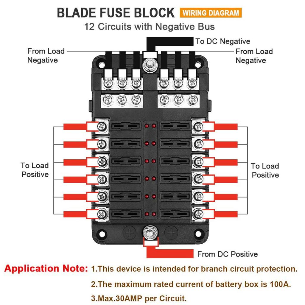 32V Plastic Cover Fuse Box Holder M5 Stud With LED Indicator Light 12 Ways Blade For Auto Car Boat Marine Trike RVs Ship Pickup