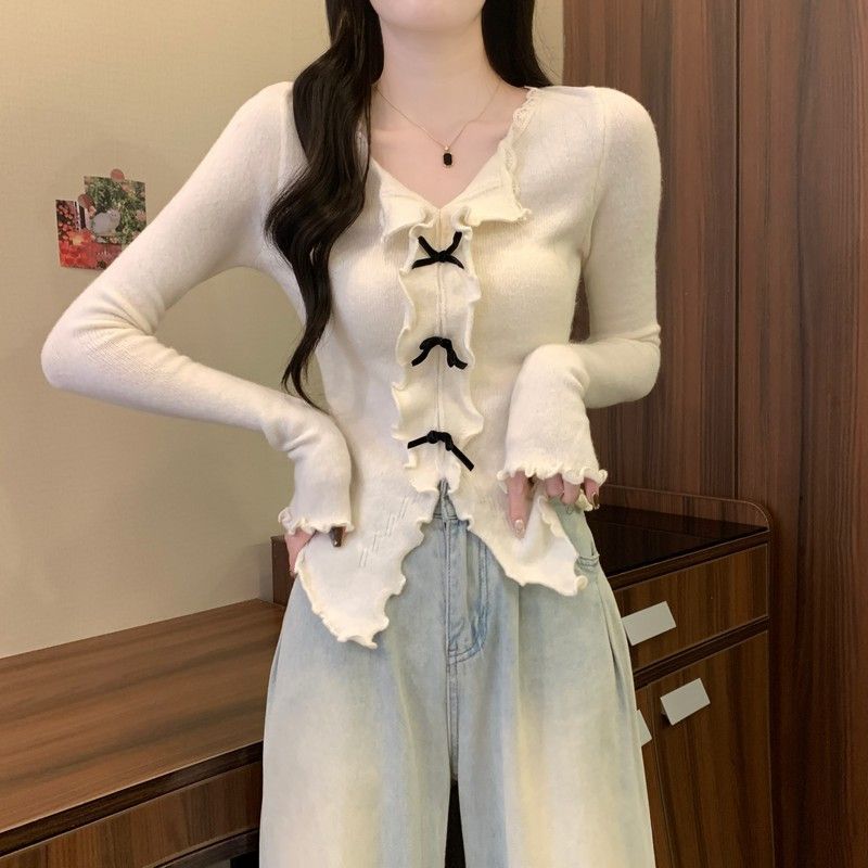 Solid Color V-neck Knitted Bottoming Shirt for Women Autumn New Slim Fit Short Long-sleeved Sweater Top