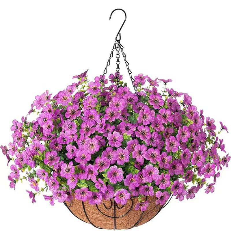 Artificial Violet Flower Hanging Basket With Iron Frame Coconut Fiber Liner Outdoor Garden Decor