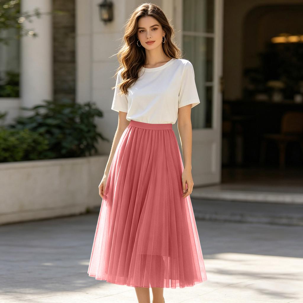 Ladies' Casual And Fashionable Mesh Half Skirt Long Skirt