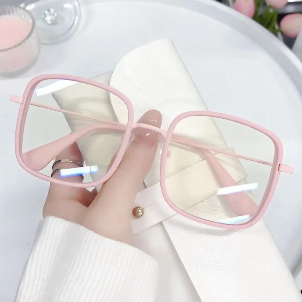 Women Pink Large Square Frame Glasses Girl Fashion Transparent Reading Glasses High-definition Anti-blue Light Computer Eyewear