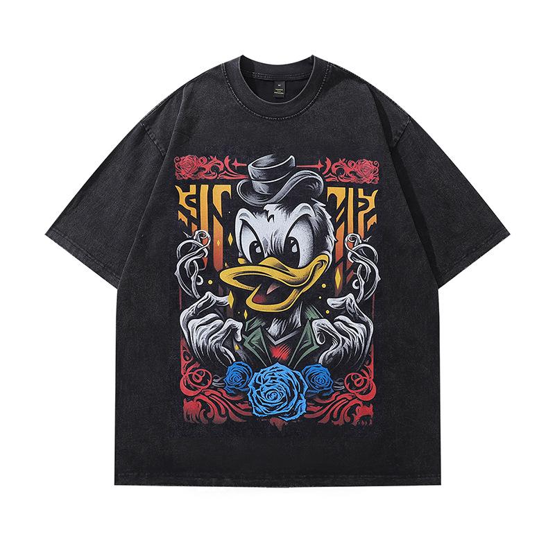 High Street Men'S T-Shirt Beauty Tide Vintage Cartoon Printing Washed Cotton Short Sleeve T-Shirt Men