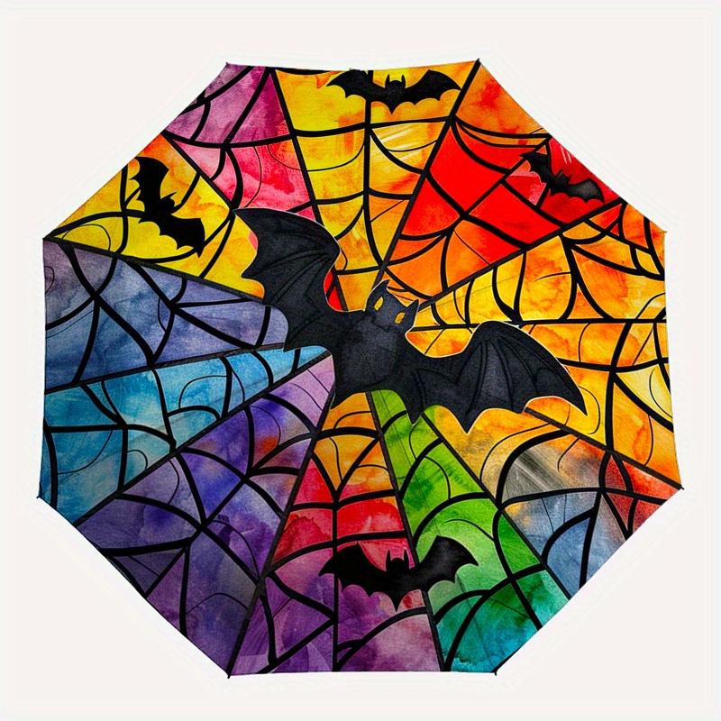 Bunte Fledermaus Buntglas Fensteraufkleber für Halloween DekorationenRegenschirm, Tragbarer 3-fach Kompakter Regenschirm, Weihnachtsgeschenk ES595