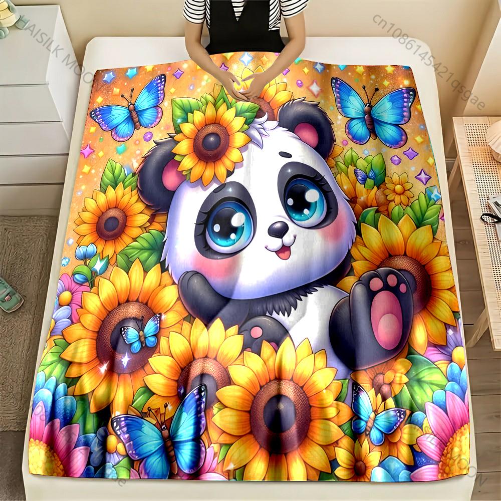 Panda Sunflower Cartoon Print Blanket Warm Soft for Sofa Bed Home Travel Camping Blanket All Seasons Luxury Gifts 75X95CM