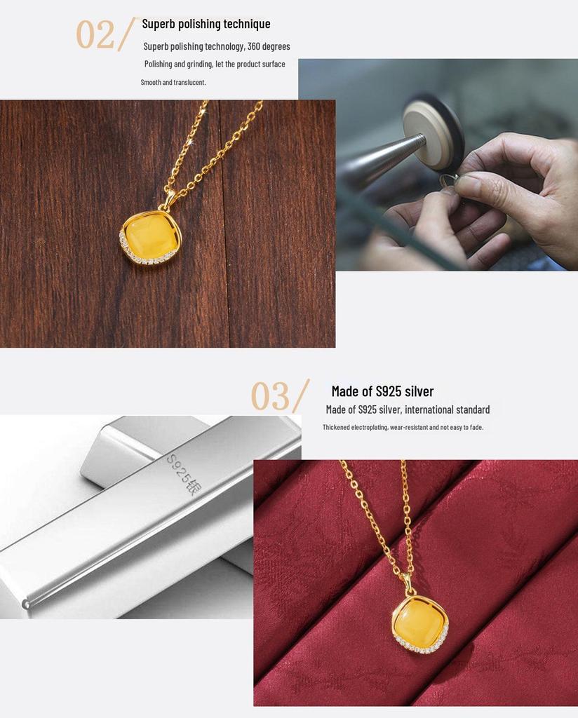 Amber Pendant Necklace with S925 Silver - Retro Water Drop Design with Light Luxury Gemstone.