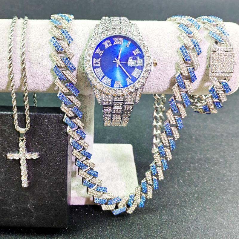 Versatile Watch Bracelet Cross Necklace Set Rhombus Cuban Chain Necklace Bracelet Men's Watch Set